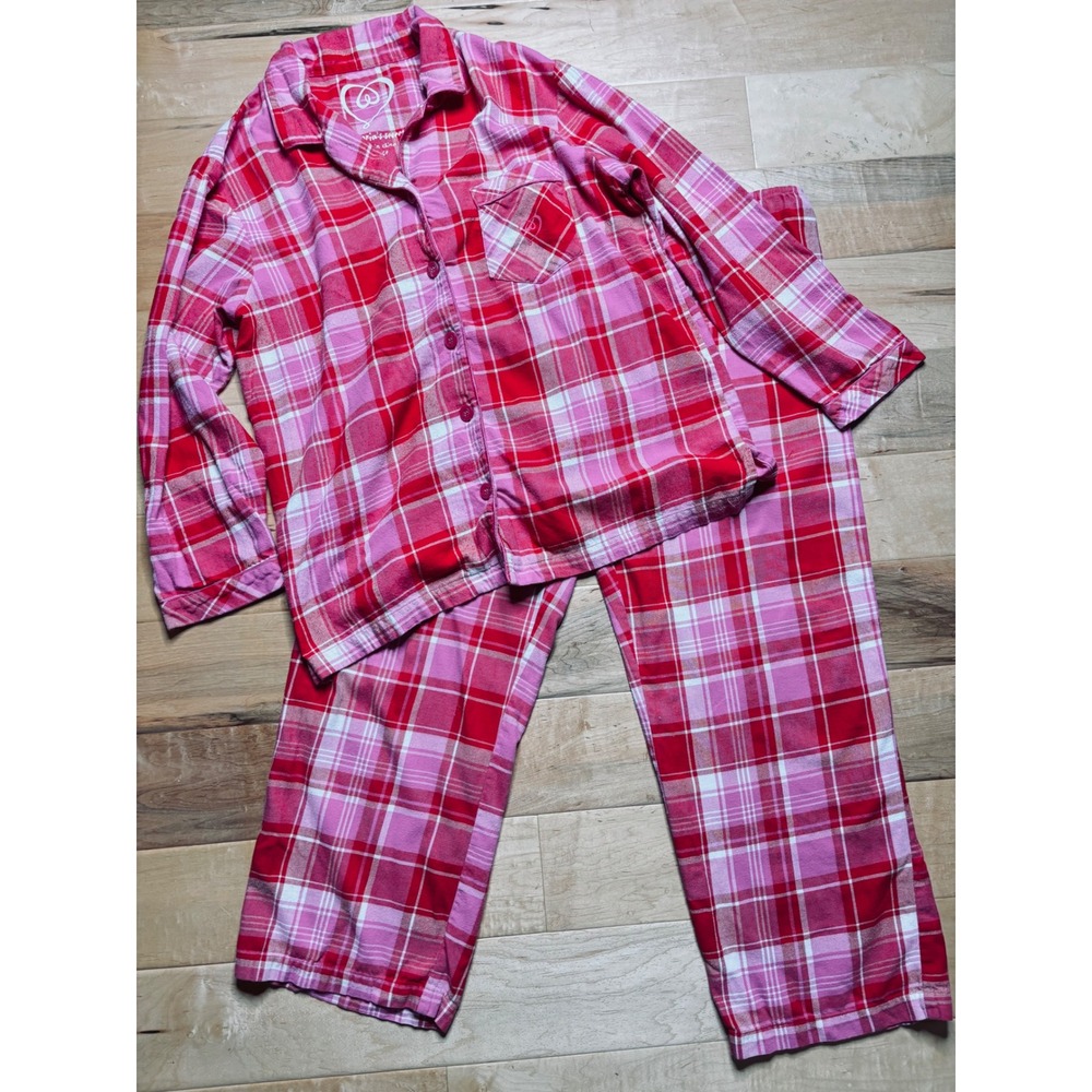 Victoria's Secret Flannel Pajama Set Women Large Pink Plaid 100% Cotton  2pc